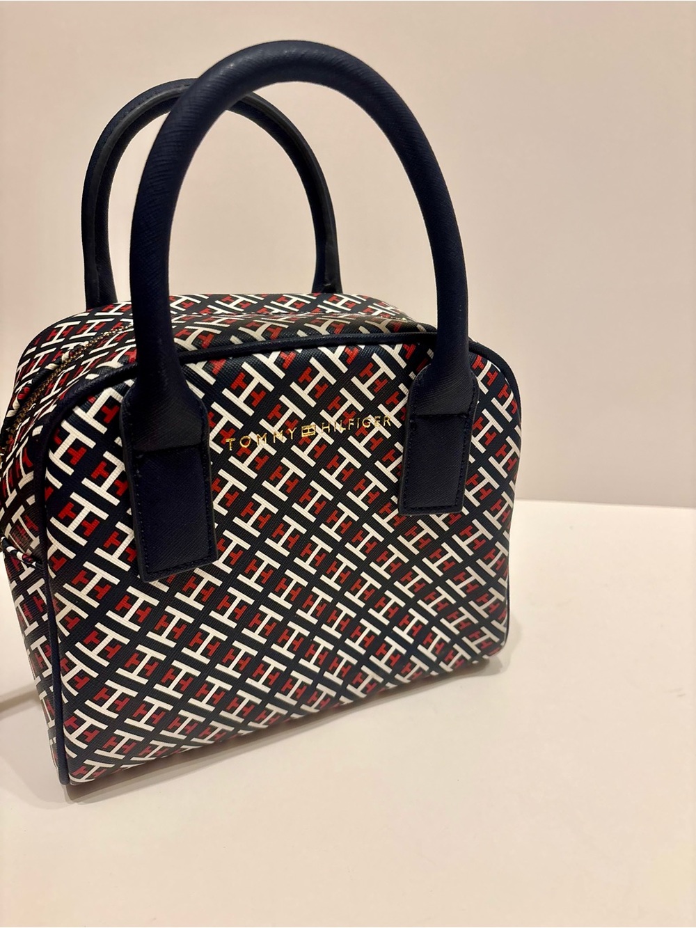 Tommy Hilfiger Designer-Style Navy, Red & White Patterned Satchel